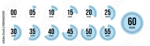 Minute Timer, clock, stopwatch, Countdown timer, cooking time icon set. 0, 5, 10, 15, 20, 25, 30, 35, 40, 45, 50, 55, 60 minute dial. Blue color isolated set, symbol. Vector illustration