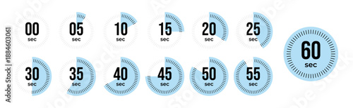 Second Timer, clock, stopwatch, Countdown timer, cooking time icon set. 0, 5, 10, 15, 20, 25, 30, 35, 40, 45, 50, 55, 60 second dial. Blue color isolated set, symbol. Vector illustration