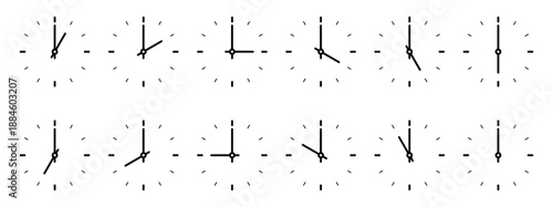 Collection of twelve minimalist analog clock icons showing different hours from one to twelve, black and white circular timepiece outline symbols, simple line art set for schedule and time management 