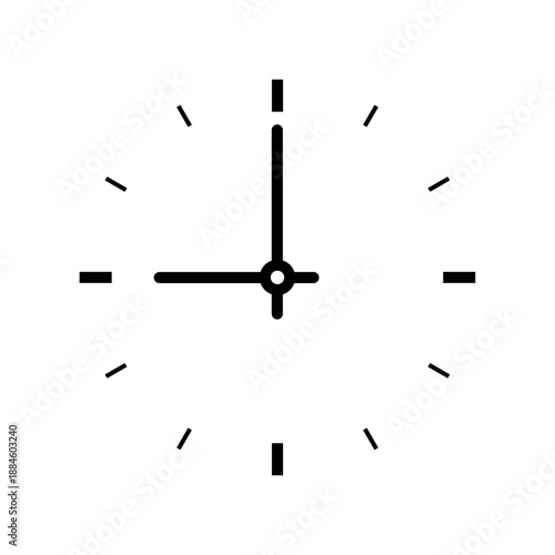 Analog clock icon showing nine o'clock, black and white circular timepiece symbol without outer border, simple line art wall clock for schedule and time management concepts