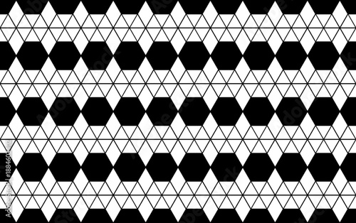 Seamless geometric pattern with black and white hexagon and triangle shapes, repeating technical line art background for textile print and digital wallpaper, symmetrical vector graphic design for mode
