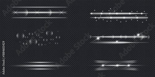 Silver Light Effects Overlay Set on Dark Background, Glowing Lines and Particles