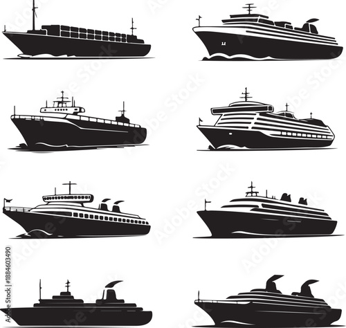 collection of various large ship silhouettes on water