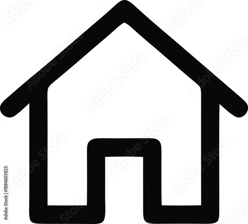 Simple black and white outline of a house with a door and roof