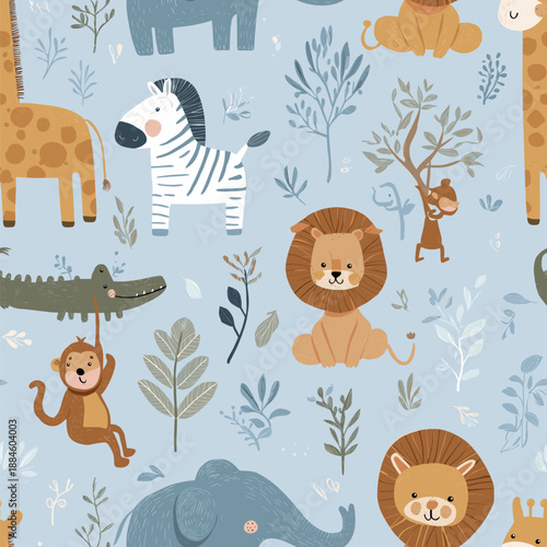 Safari animals pattern with giraffes, elephants, and lions on a light blue background. Cute cartoon jungle animals seamless pattern