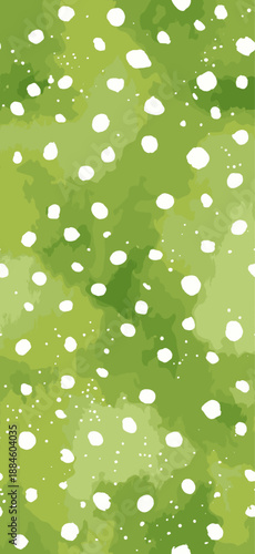 Watercolor green background featuring scattered white and light green polka dots pattern. Watercolor green background with scattered polka dots texture