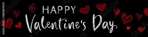 White handwritten Happy Valentines Day text surrounded by red hearts on a black background. Happy Valentines Day greeting text with red hearts