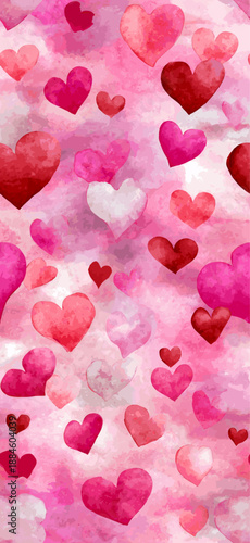 Watercolor hearts creating a seamless pattern in shades of pink and red on a white background. Seamless watercolor heart pattern for Valentine's Day love