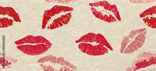 Red lipstick kiss marks covering a cream textured paper surface, creating a playful pattern. Red lipstick kiss marks seamless pattern on textured paper