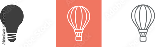 Black lightbulb silhouette icon and hot air balloon line art symbols for creative ideas travel and transportation concepts.