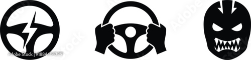 Black silhouette icons featuring a lightning bolt steering wheel hands on a wheel and a monster face mask.