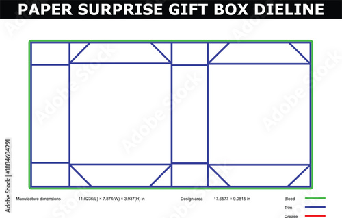 A technical diagram of a paper surprise gift box die line with precise measurements and design specifications.
