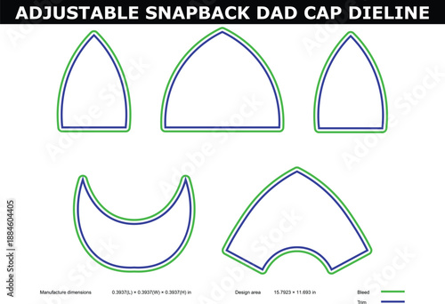 A technical diagram of an adjustable snapback dad cap die line with various design outlines