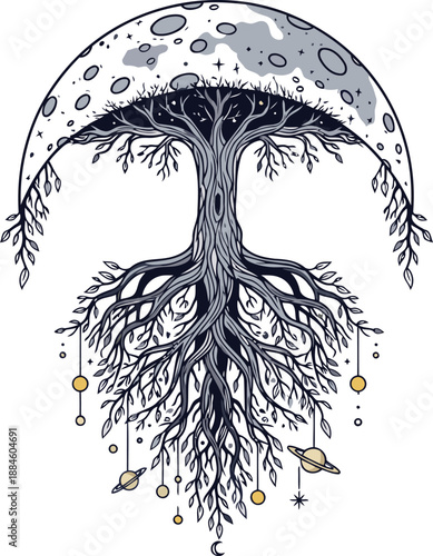 A mystical tree with roots and branches under a moon with orbs and feathers hanging from it