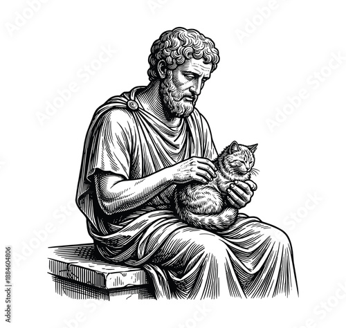 Ancient Philosopher Holding Cat – Vintage Engraving Illustration