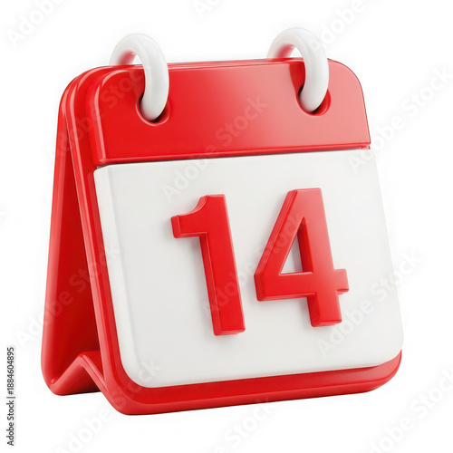 Red and white calendar displaying the fourteenth day isolated on transparent background