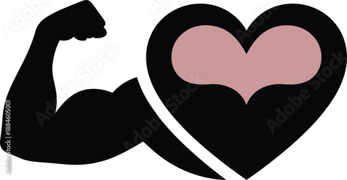 Black silhouette of a muscular flexed bicep connected to a heart symbol with a pink center for fitness.