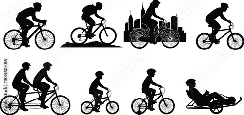 Cad drawing, flat vector illustration, bicycle silhouettes, cycling styles, urban sport, road bike, mountain bike, tandem, BMX, child rider, tricycle