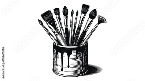 Paint brushes in dripping paint can, monochrome art tools still life  for creativity concept
