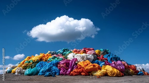 A large pile of colorful plastic bags on a dirt surface under a blue sky