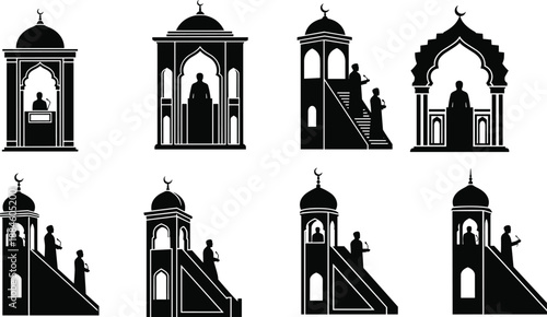 Islamic minbar and minaret silhouettes with speakers and microphones, sermon and prayer broadcast concept, religious architecture elements, cad drawing flat vector illustration