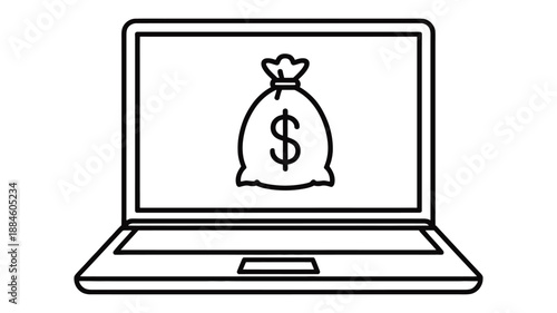 Laptop with money bag icon on screen, online income, digital finance and earnings concept