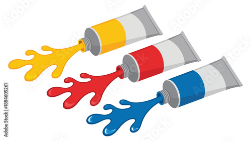 Color paint tubes splashing primary colors, creative art supplies and painting concept