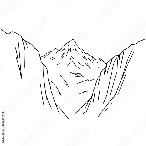 A minimalist line art illustration of a mountain range in a canyon on transparent background