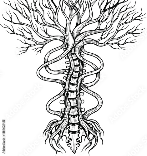 A detailed illustration of a spine transformed into a tree with roots and branches on a beige background