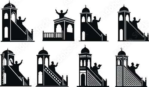 Islamic minbar silhouettes with speakers, religious sermon delivery concept, diverse pulpit architecture styles, cultural worship elements, cad drawing flat vector illustration