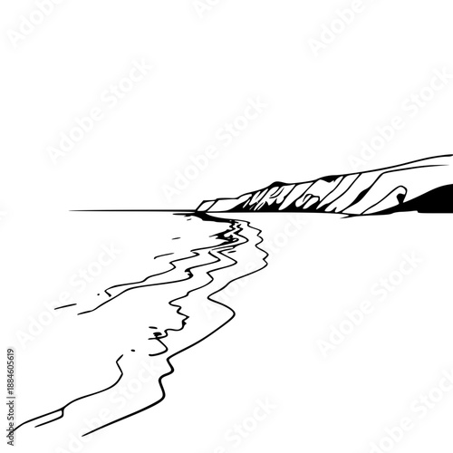 A minimalist line art illustration of a serene beach with a mountainous shoreline on transparent background