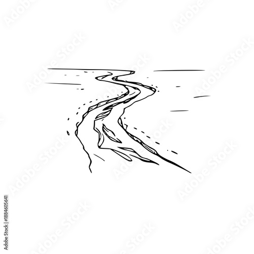 A minimalist line art illustration of a winding river on transparent background