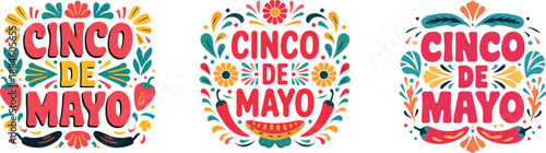 Colorful Cinco de Mayo typography set with Mexican holiday decorations