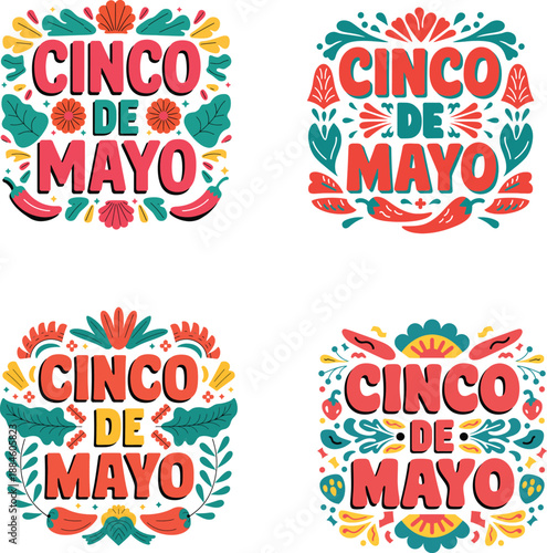 Colorful Cinco de Mayo typography set with Mexican holiday decorations