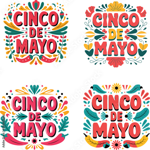 Colorful Cinco de Mayo typography set with Mexican holiday decorations