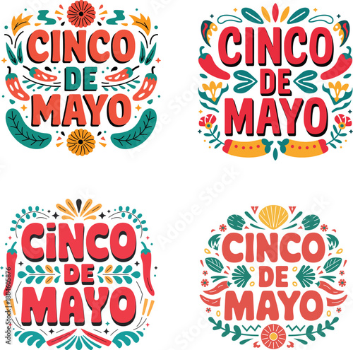 Colorful Cinco de Mayo typography set with Mexican holiday decorations