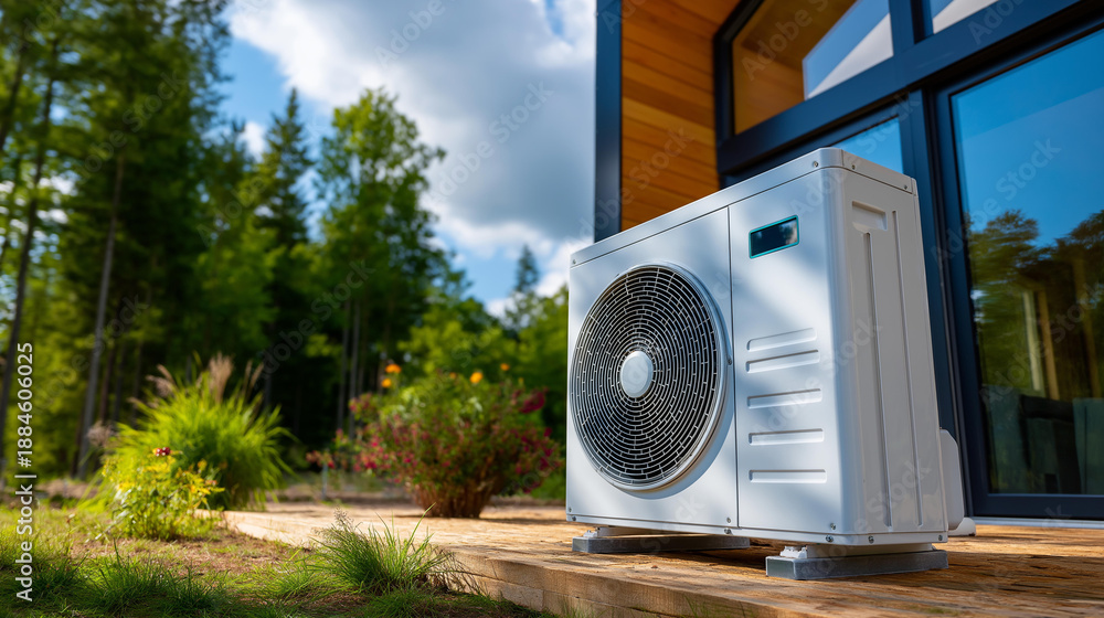 Αυτοκόλλητο Medium shot of modern heat pump unit installed outside newly built home, sustain