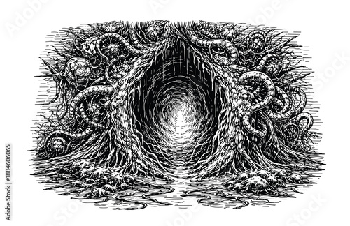 Horror Cave Entrance with Tentacles and Roots Engraving