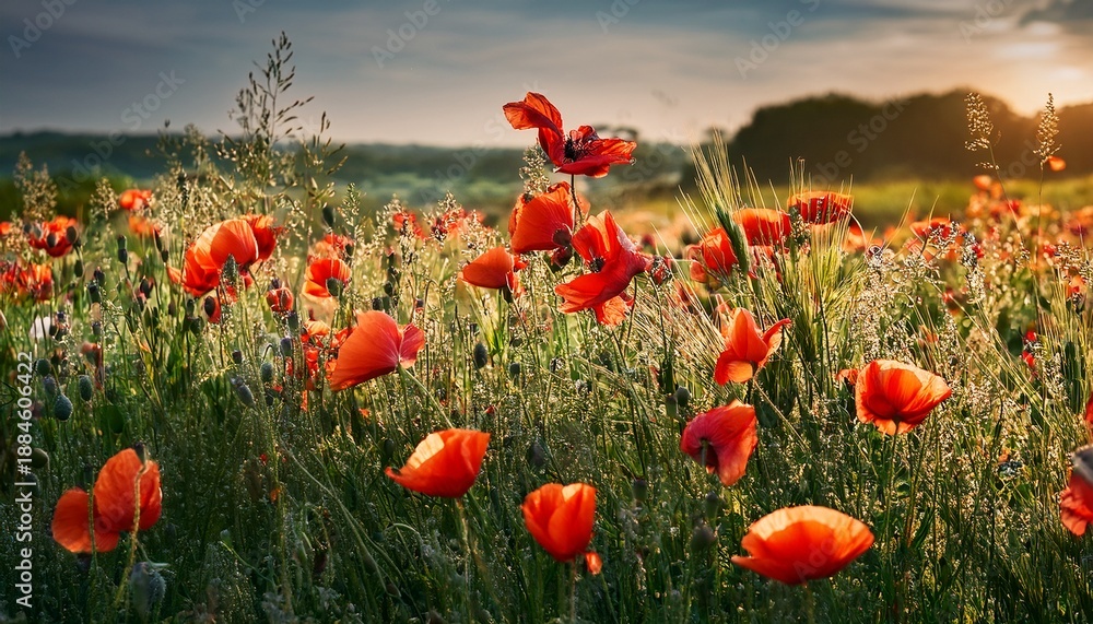 Obraz premium Vibrant Red Poppies Dancing In A Lush Green Meadow Celebrating The Beauty Of Spring And Remembrance Symbolizing Peace And Tranquility