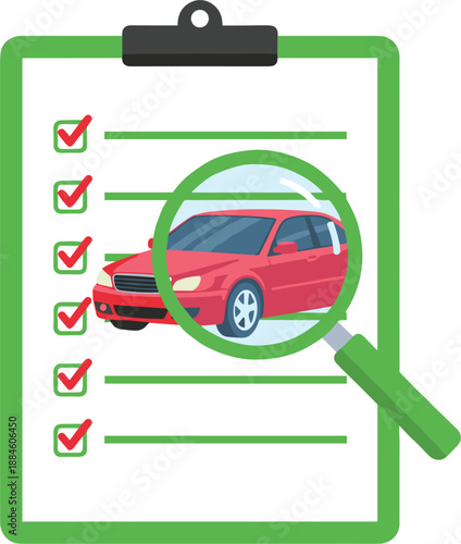 Car inspection checklist with red vehicle magnifying glass showing automobile evaluation service report approval concept illustration design icon.