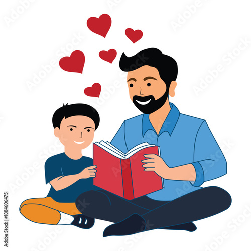Father reading bedtime story to son. Man reading a book with his son, father's day vector template poster. Vector illustration. Teacher is teaching his student.