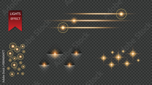 Golden Light Effects and Shining Particles on Dark Background, Sparkling Decorative Elements