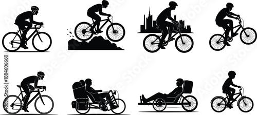   
Silhouette vector set of cyclists on various bicycle types including road, mountain, BMX, tandem, and recumbent, ideal for sport, lifestyle, and motion-themed design.