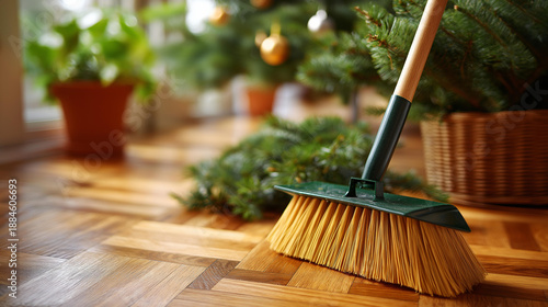 Wallpaper Mural Removing Christmas tree debris from wooden parquet flooring using broom and scoop, faceless activity, holiday cleanup process, seasonal maintenance, with copy space Torontodigital.ca