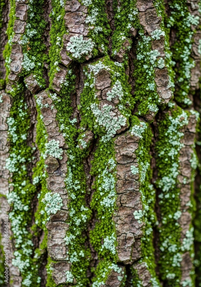 Obraz premium Extreme close-up of vibrant green moss and tiny white lichen growing on rough, weathered tree bark, highlighting organic patterns and deep texture, ecosystem, rough, background