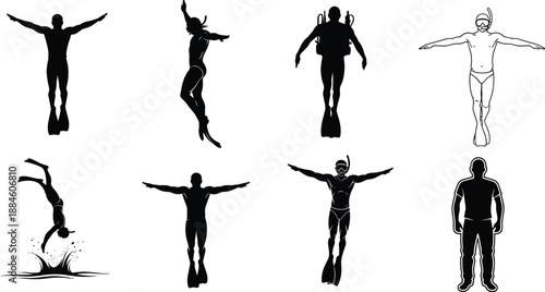 Silhouette vector set of divers in various underwater poses and gear, ideal for scuba, snorkeling, swimming, and aquatic sport-themed illustrations and designs.