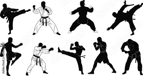 Silhouette vector set of martial artists and fighters in diverse poses, showcasing kicks, punches, and stances for sport, training, and combat-themed illustrations.