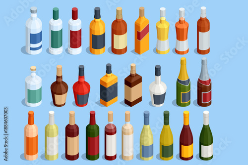 Alcoholic drink bottle set. Isometric set of assorted alcohol bottle with different shape and color. Collection of beverage container for bar, restaurant, menu, branding and packaging design