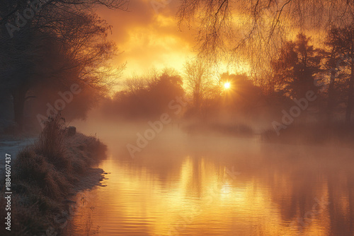 Foggy sunrise over river in countryside.