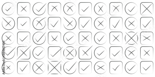 Check tick mark icon set. Cross box x check mark checkbox v list vector draw hand drawn sketch doodle brush marker checklist symbol wrong right circle. Vector Illustration. hand drawn scrabble. 